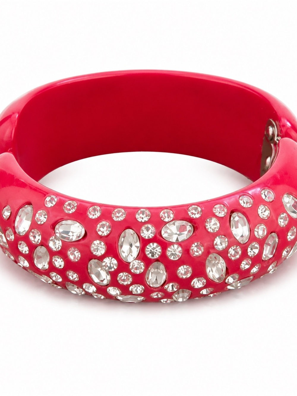 Vintage Unsigned Red Rhinestone Acrylic Hinged Clamper Bangle Bracelet